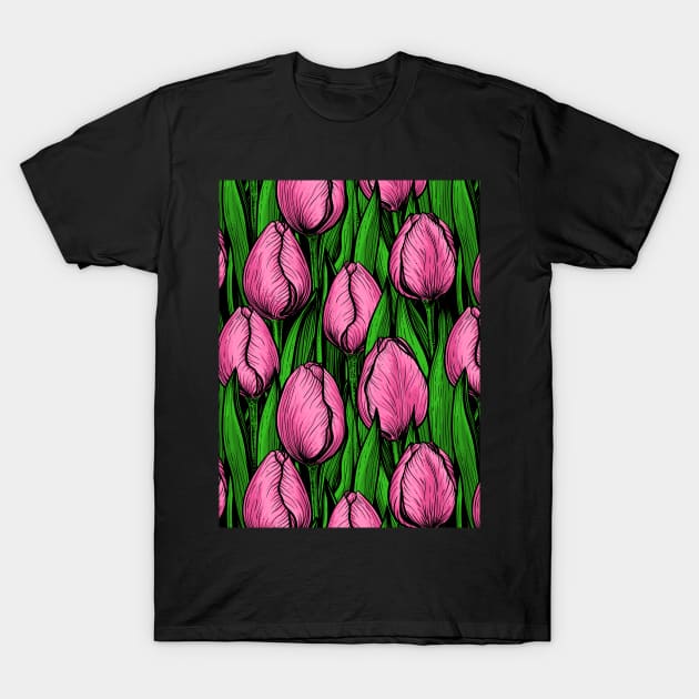 Pink tulips with green leaves T-Shirt by katerinamk